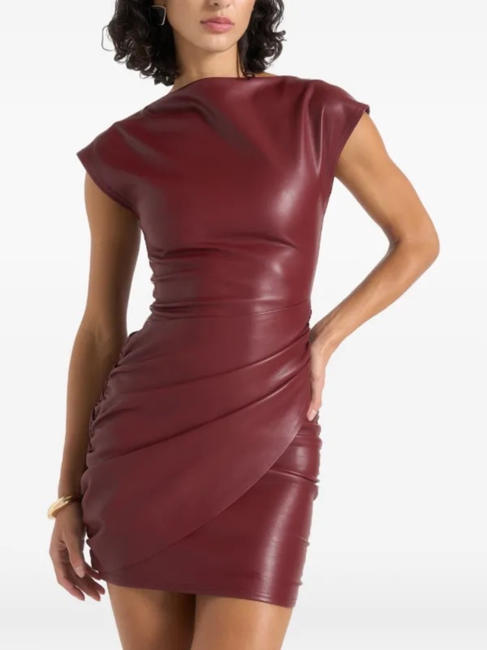 Women's Faux Leather Burgundy Ruched Mini Dress